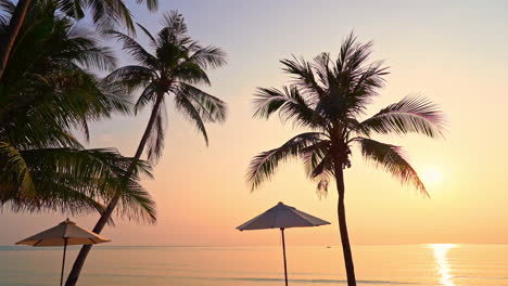 Tropical-caribbean-sunset-above-calm-sea-horizon-and-silhouettes,-coconut-trees-and-parasols
