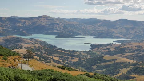 Scenic-pan-across-golden-green-hills-and-Akaroa-Inlet,-New-Zealand