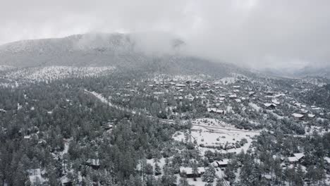Wide-aerial-shot-of-snow-covering-a-forest-in-northern-Arizona