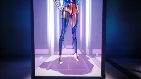 3D-Animation-of-fashion-doll-with-blue-hair-in-modern-summer-clothes-in-a-lighted-display-cabinet