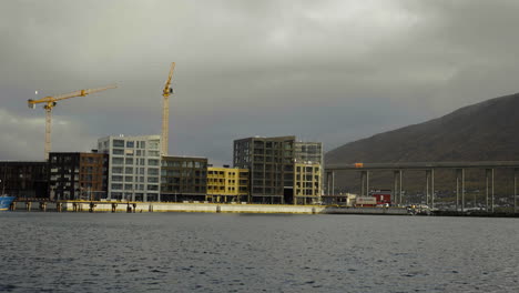 Construction-Of-Bjorvika-Apartments-Vervet-Near-Tromso-Bridge-On-A-Cloudy-Day-In-Autumn