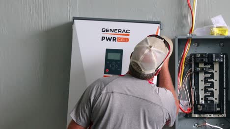 Técnico-Colgando-La-Estación-De-Control-De-Celdas-Generac-Pwr-En-Un-Soporte-Cerca-Del-Panel-Eléctrico