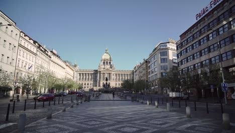 Wenceslas-Square-or-Vaclavske-namesti-and-National-Museum-in-Prague,-empty-street-during-covid-pandemic-in-Czech-Republic