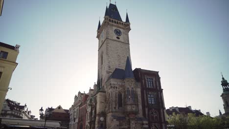 Old-Town-City-Hall-Tower-on-famous-square-in-Prague,-few-tourists-or-people,-capital-of-Czech-Republic