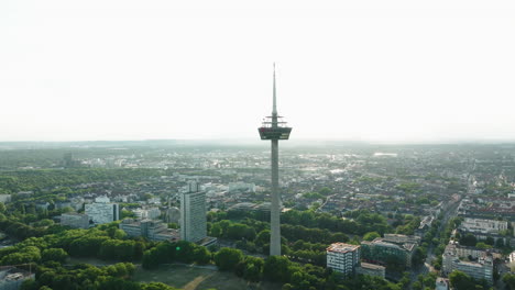 Aerial-Panoramic-View-of-Cologne-Tower-Germany-and-Surroundings,-Tall-High-Modern-Urban-Architecture-Building-and-Cityscape