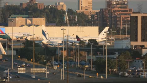 Airplane-moving-and-taxiing-on-tarmac-runway-at-Toronto-Pearson-Airport