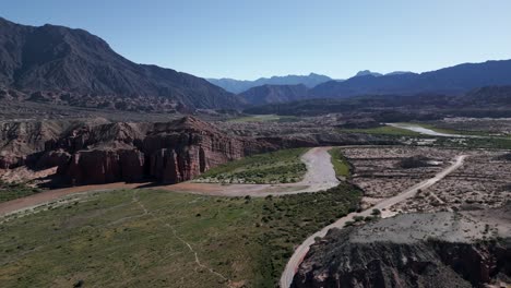 Aerial-Drone-Above-Cafayate-Route-Quebrada-and-Calchaqui-Valleys-Salta-Argentina-Travel-and-Touristic-Destination,-Mountain-Desert-to-Subtropical-Forest