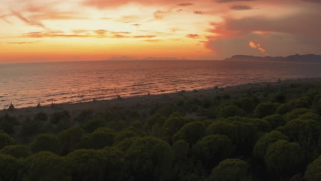 Wunderschöne-Anamorphotische-Kinodrohnenaufnahmen-Aus-Der-Luft-Des-Grünen-Pinienwaldes-Und-Des-Strandes-Im-Legendären-Naturpark-Maremma-In-Der-Nähe-Der-Toskana,-Italien,-Mit-Dramatischen-Wolken,-Die-Den-Himmel-Bei-Sonnenuntergang-Bedecken