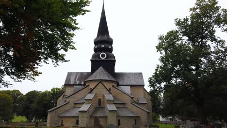 A-serene-and-delightful-front-view-of-stone-church,-Varnhem-Abbey,-Sweden