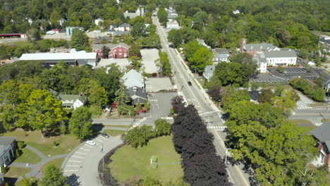 Aerial-Flyover-Drone-Footage,-Yarmouth,-Maine-Downtown,-USA