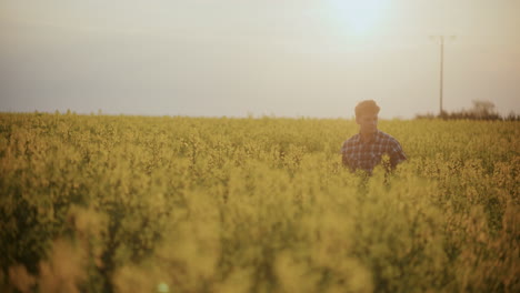 Farmer-Walking-Amidst-Plants-In-Farm