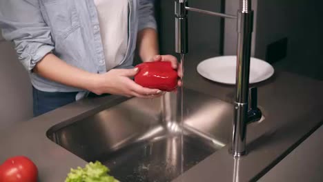 Woman-washing-red-pepper,-cucumbers-and-tomato-in-kitchen-and-putting-them-on-plate.-Homemade-food-concept.-Young-woman-washes