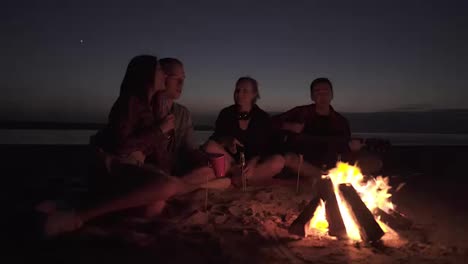 Accelerated-footage-of-friends-sitting-on-the-beach-on-a-plaid-near-the-bonfire.-Two-couples-spending-time-together,-playing