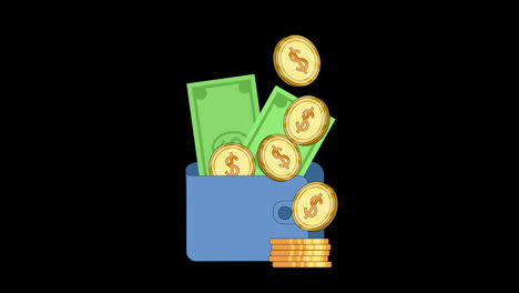 Brieftaschensymbol-Mit-Geld--Und-Münzschleifen-Animationsvideo,-Transparenter-Hintergrund-Mit-Alphakanal