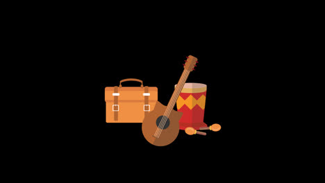 music-guitar-and-drum,-suitcase-loop-Animation-video-transparent-background-with-alpha-channel