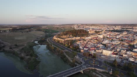 Town-Badajoz-in-Spain-with-medieval-old-town-and-fortress-castle-walls,-aerial