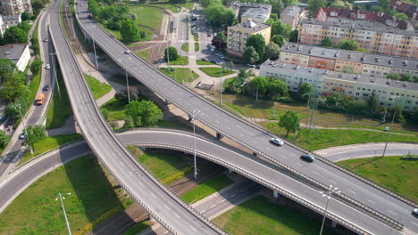 Traffic-flow-on-bridges-and-overpass-on-motorway,-Gdansk,-Poland