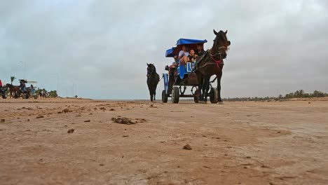 Reverse-tracking-shot-of-horse-pulling-carriages-with-tourists-in-Tunisia
