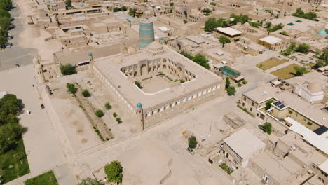 Old-Town-Of-Khiva-In-Uzbekistan-On-A-Sunny-Summer-Day---aerial-drone-shot