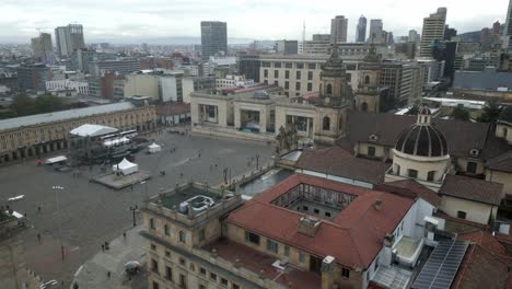 Bogota,-Colombia,-Aerial-View-of-Plaza-de-Bolivar,-Cathedral,-City-Hall-and-Palace-of-Justice-Building,-Drone-Shot