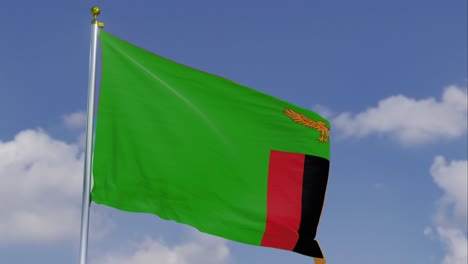 Flag-Of-Zambia-Moving-In-The-Wind-With-A-Clear-Blue-Sky-In-The-Background,-Clouds-Slowly-Moving,-Flagpole,-Slow-Motion