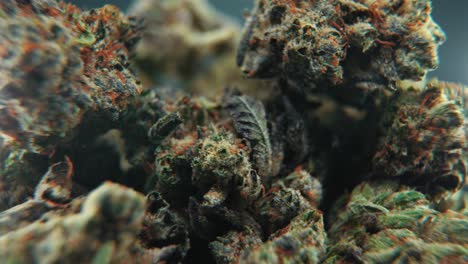 A-macro-cinematic-zoom-in-shot-of-a-cannabis-plant,-orange-hybrid-strains,-Indica-and-sativa,-green-marijuana-flower-in-a-Lab,-on-a-rotating-stand,-slow-motion,-4K,-professional-studio-lighting
