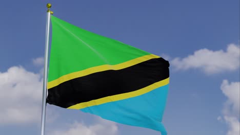 Bandera-De-Tanzania-Moviéndose-En-El-Viento-Con-Un-Cielo-Azul-Claro-En-El-Fondo,-Nubes-Moviéndose-Lentamente,-Asta-De-Bandera,-Cámara-Lenta
