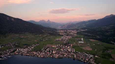 Sunset-in-Arth,-a-town-in-Schwyz-District-in-Switzerland