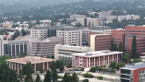 Aerial-View-of-UCLA-Medical-Center-Buildings,-University-of-California-Campus,-Los-Angeles-USA,-Establishing-Drone-Shot