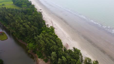 Una-Toma-Lenta-Con-Drones-Del-Bosque-De-Tamariscos-A-Lo-Largo-De-La-Playa-Marina-De-Kuakata-En-Bangladesh