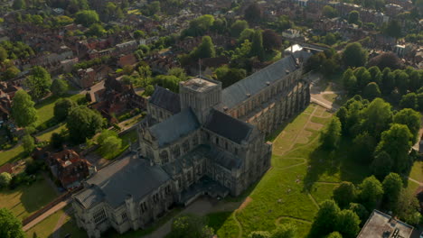 Pan-down-establishing-aerial-shot-over-Winchester-Cathedral