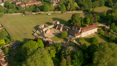 Pan-down-aerial-shot-over-Wolvesey-palace-Winchester