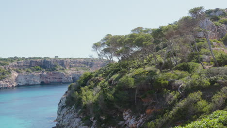 A-beautiful-bay-in-Palma,-Mallorca,-featuring-rock-formations,-trees,-plants,-and-the-inviting-turquoise-waters