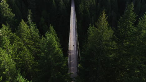 Aerial-tilt-shot-following-a-person-running-on-the-High-Steel-Bridge,-in-WA,-USA