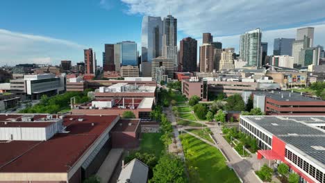 Denver,-CO-skyline-from-drone-above-campus-of-Metropolitan-State-University-of-Denver