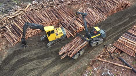 Forstmaschinen:-Luftaufnahme-Eines-Spediteurs-Beim-Entladen-Von-Holz