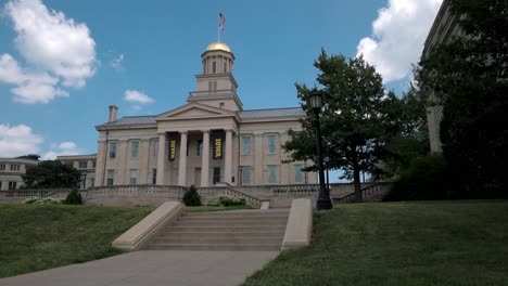 Old-Capitol-building-on-the-campus-of-the-University-of-Iowa-in-Iowa-City,-Iowa-with-stable-video-showing-steps