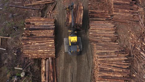 Holztransport:-Drohne-Erfasst-Spediteur-Beim-Entladen-Von-Baumstämmen