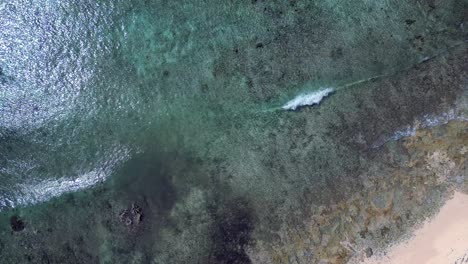 Drone-footage-slowly-spinning-and-descending-towards-waves-breaking-over-a-coral-reef-alnd-up-a-beach-in-a-beautiful-tropical-ocean-in-the-Cayman-Islands-in-the-Caribbean