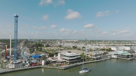 Aerial-drone-view-of-Kemah-Boardwalk-restaurants-and-amusement-park-in-Kemah-Texas