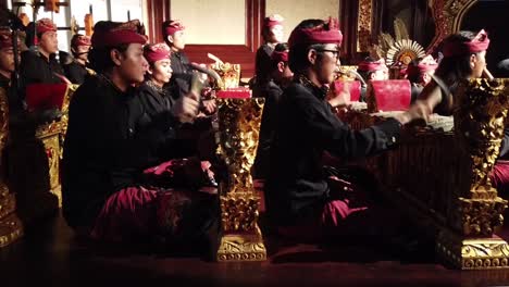 Kids-Play-Gamelan-Music-at-Concert-Hall,-Night-Denpasar-Bali-Indonesia-Balinese-Traditional-Art