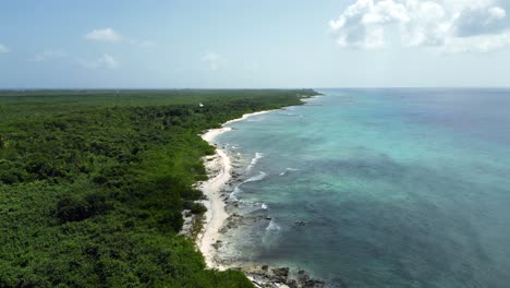 Imágenes-De-Drones-Volando-Lentamente-A-Lo-Largo-De-Una-Playa-Bordeada-De-Palmeras-Hacia-El-Horizonte-Mientras-Las-Olas-En-Un-Océano-Tropical-Rompen-Sobre-Un-Arrecife-De-Coral-En-Las-Islas-Caimán-En-El-Caribe