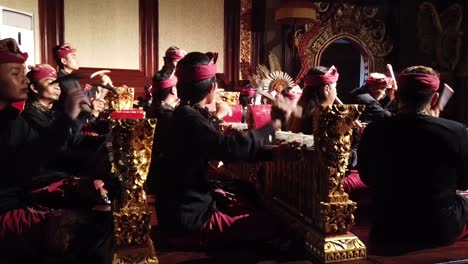 Musicians-Play-Gamelan-Orchestra,-Concert-Night-Denpasar-Bali-Indonesia-Balinese-Traditional-Art-and-Culture-at-Denpasar
