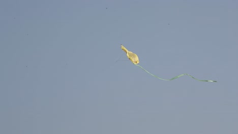 In-the-International-Kite-Festival,-participants-from-many-countries-come-to-fly-kites-and-a-yellow-kite-in-blue-color-is-flying-very-well-in-the-high-sky