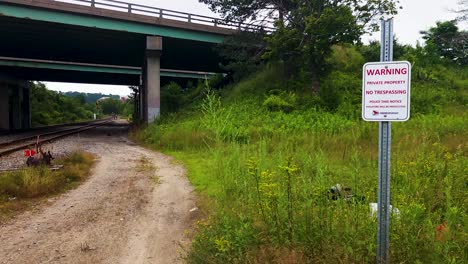 A-warning-sign-near-railroad-tracks.-Keep-Out