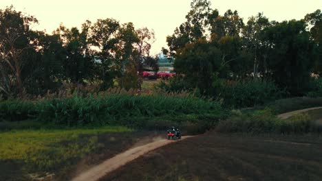 A-follow-drone-shot-of-a-red-ATV-riding-on-a-dirt-path-in-a-forest-with-trees-and-green-field-around,-4K-video