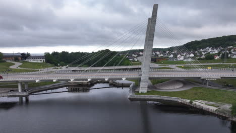 Cable-stayed-Farrisbrua-Bridge-In-Larvik,-Norway---aerial-shot