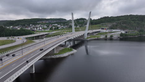 Aerial-View-Of-Farrisbrua-Bridge-In-Larvik,-Norway-On-A-Cloudy-Day---drone-shot
