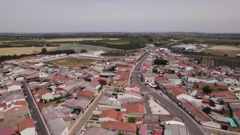 Rural-Spanish-village,-aerial-orbit.-Torremayor,-Spain