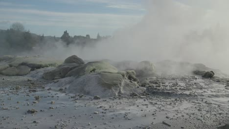 Rotorua-steamy-geothermal-geyser,-New-Zealand,-Slow-motion